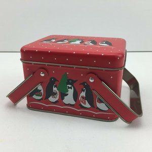 Christmas Penguin Tin Basket Box w Lid